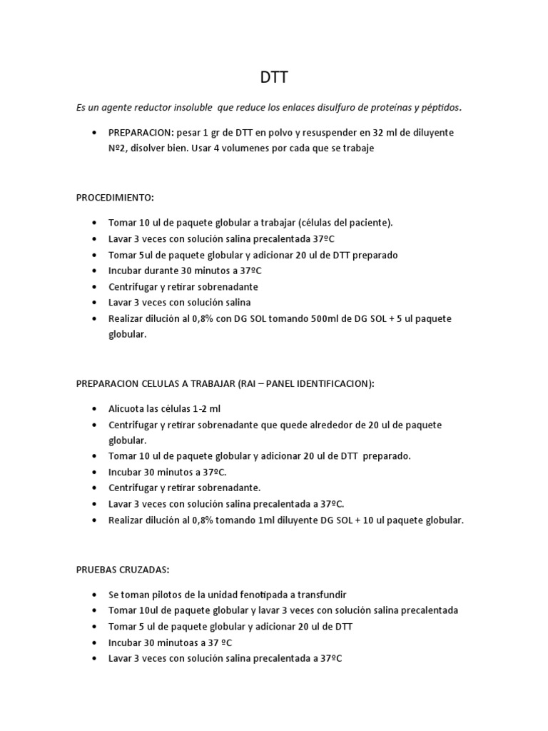 Uso y preparación de DTT en inmunohematología | PDF