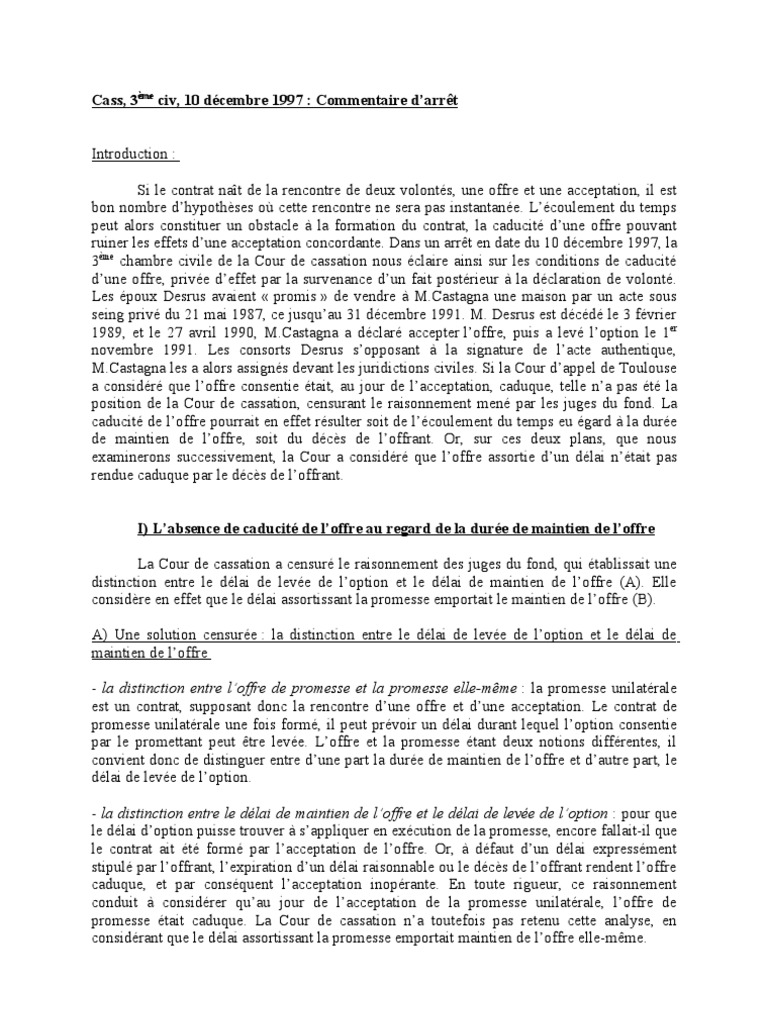 Droit des obligations, Corrigé Commentaire d'arrêt