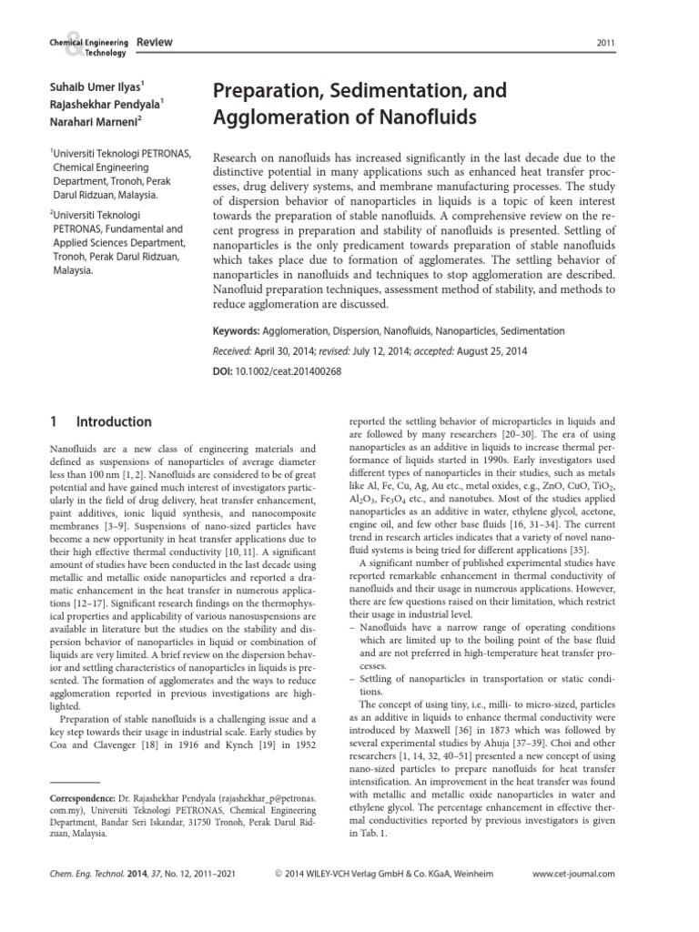 Preparation Sedimentation And Agglomeration Of Nanofluids Nanoparticle Surfactant