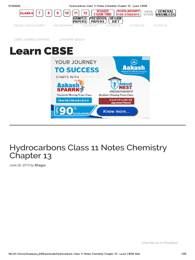 Hydrocarbons Class 11 Notes Chemistry Chapter 13 - Learn CBSE | PDF ...