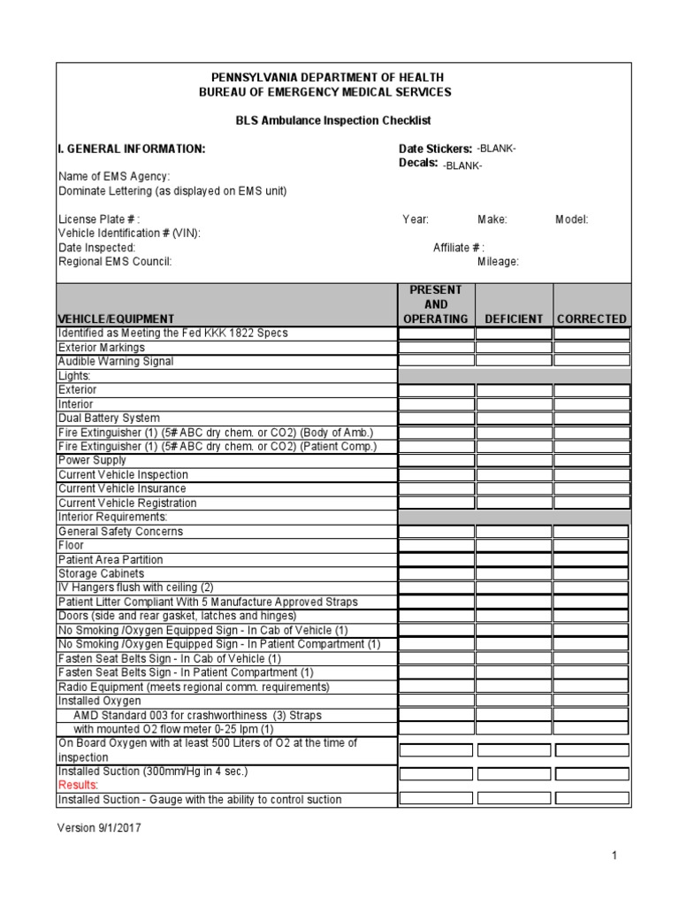 BLS Ambulance Inspection Checklist PDF Emergency Medical Services