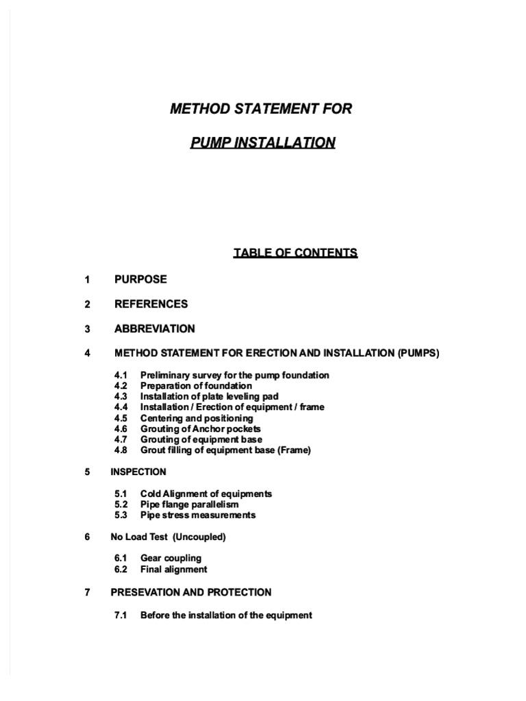 Method statement for method statement for pump installation pump