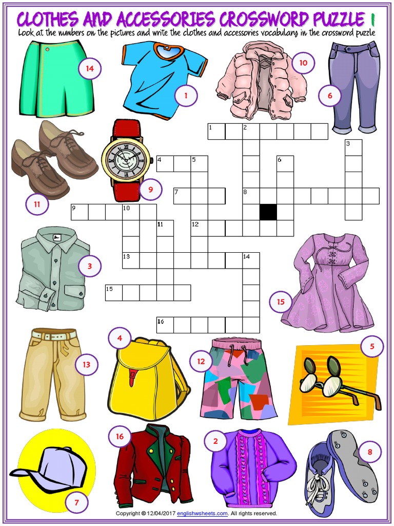 Clothes and Accessories Vocabulary Esl Crossword Puzzle Worksheets For