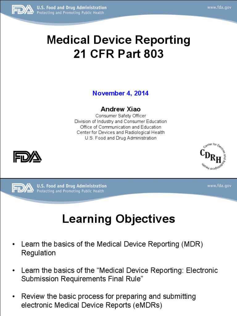 Medical Device Reporting21 CFR Part 803 | PDF | Medical Device | Food ...