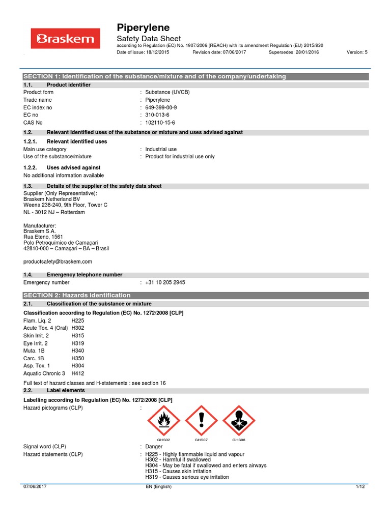 Piperylene Safety Data Sheet | PDF | Firefighting | Combustion