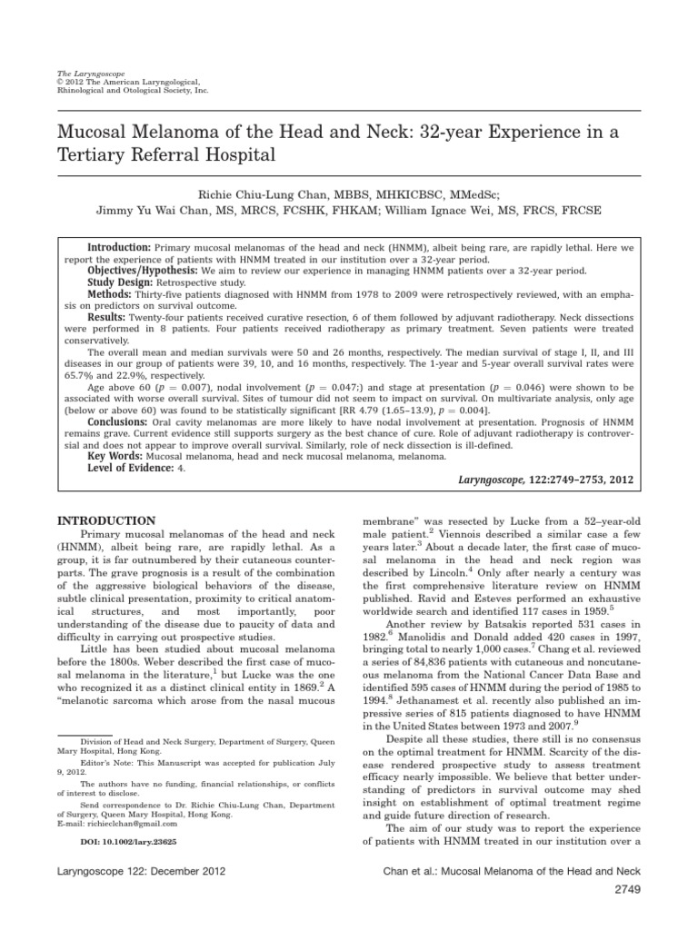 32-Year Study of Head and Neck Melanoma | PDF | Melanoma | Head And ...