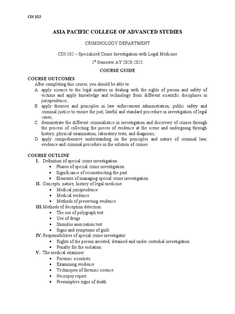 Cdi 102 Specialized Crime Investigation With Legal Medicine Pdf