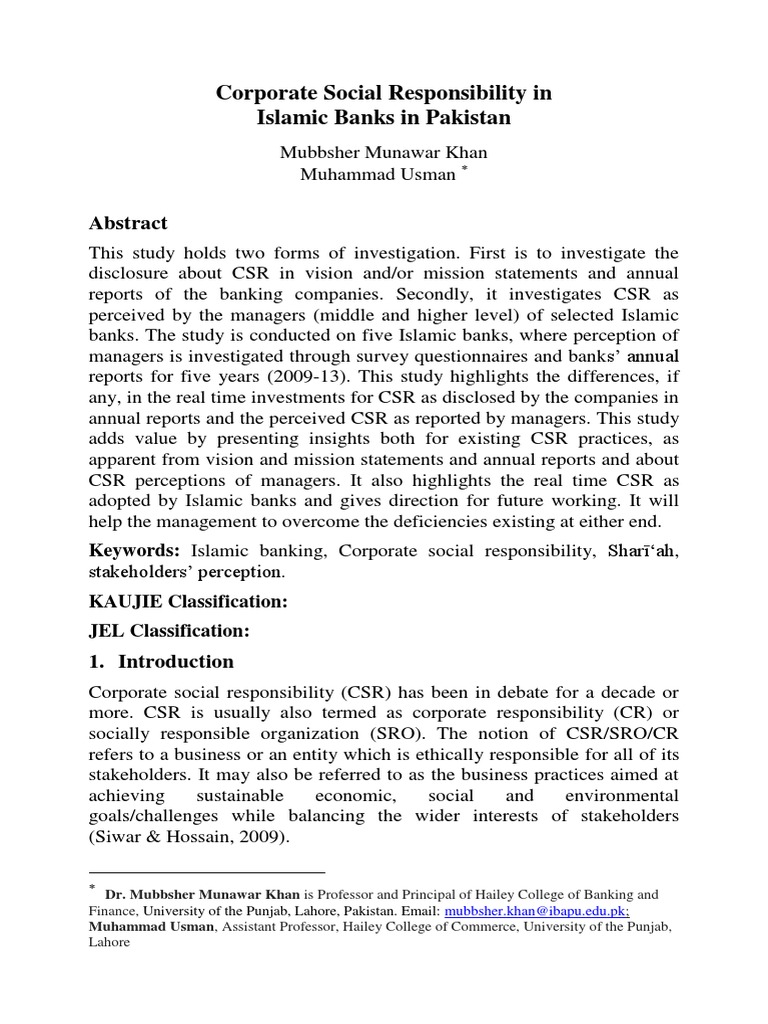 CSR Practices in Islamic Banks, Pakistan | PDF | Corporate Social ...