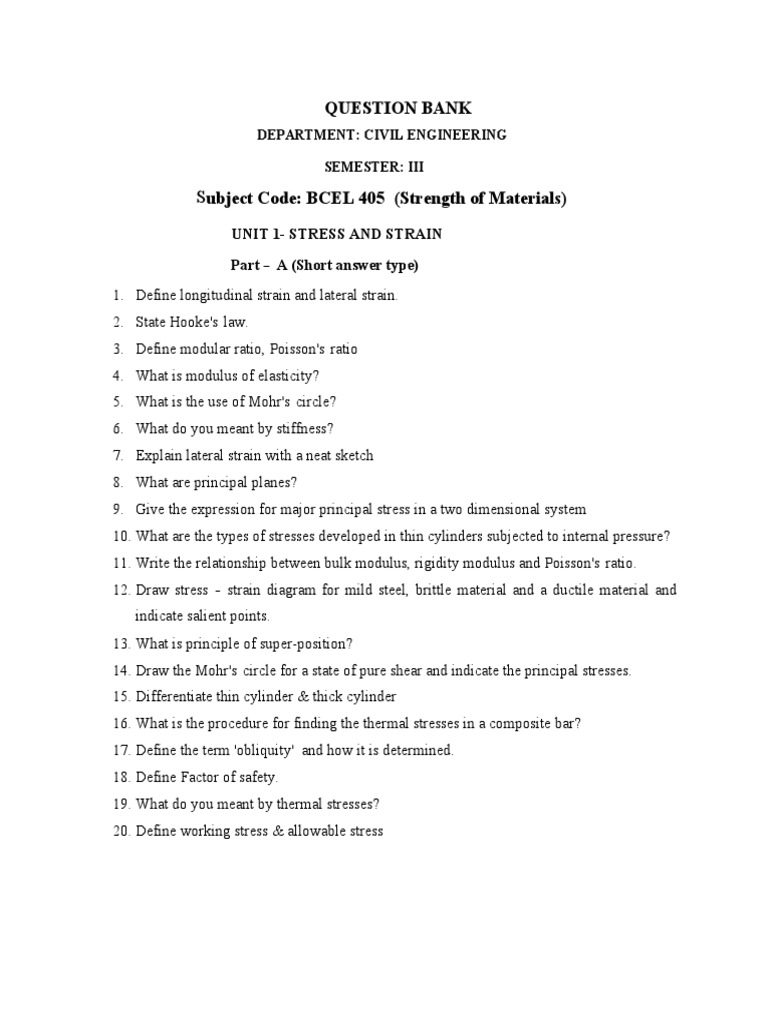 Strength of Materials Question Bank | PDF | Bending | Young's Modulus