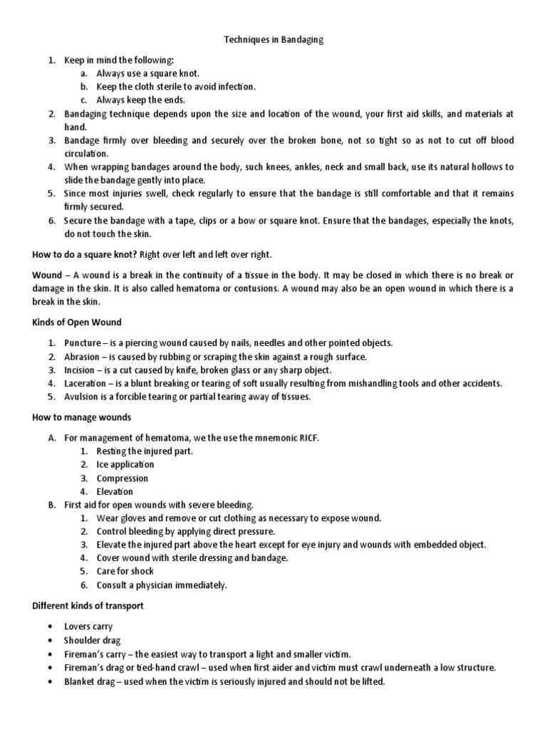 Techniques in Bandaging PDF Wound First Aid