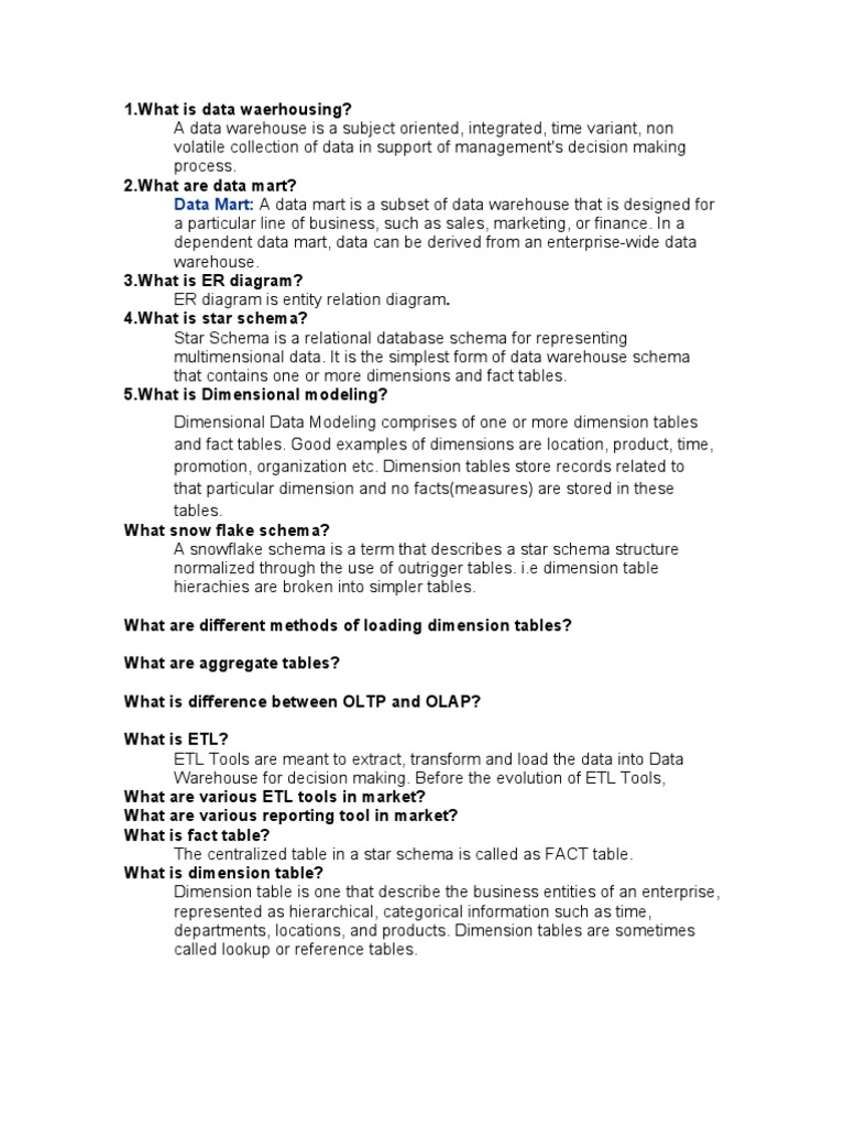 Question & Answer Data Waerhousing | PDF | Data Warehouse | Data Management