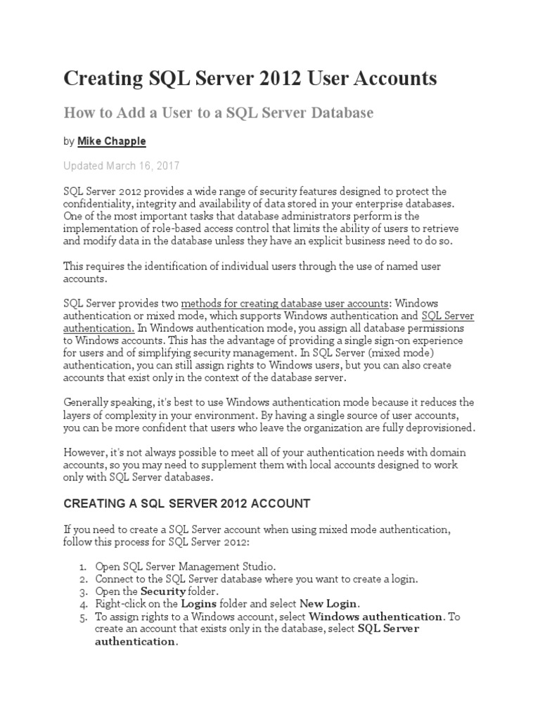 Creating User Accounts in SQL Server | PDF | Microsoft Sql Server ...
