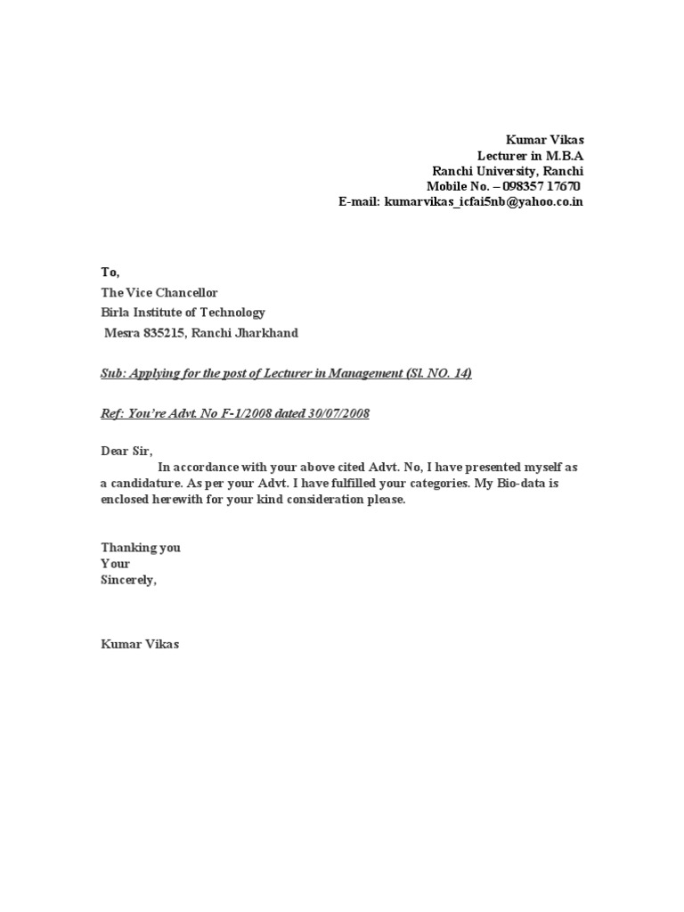 lecturer experience university letter Kumar of University Vikas, MBA Lecturer of cv Ranchi