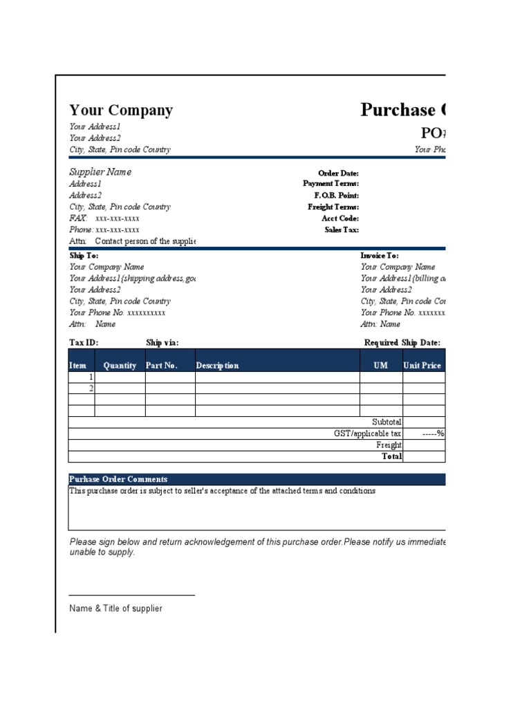 Purchase Order: Your Company PO# | PDF | Invoice | Services (Economics)