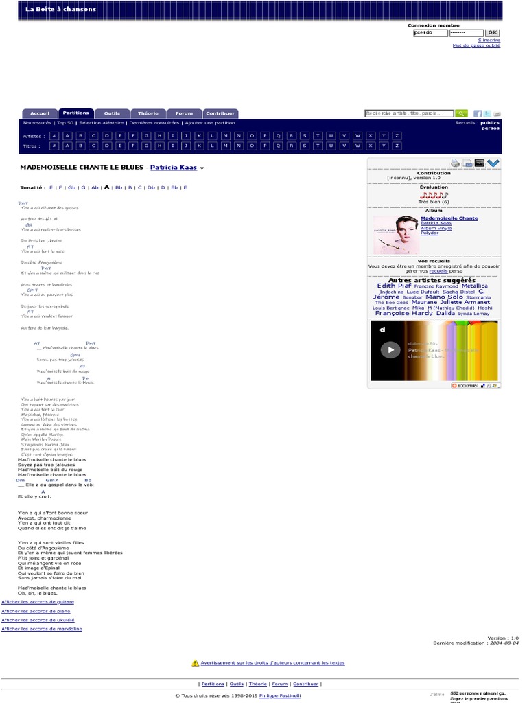 Patricia Kaas Mademoiselle Chante Le Blues Paroles Partitions - Mademoiselle Chante Le Blues - Patricia Kaas (Accords Et  Paroles ) | PDF | Chanteurs | Divertissement (Général)