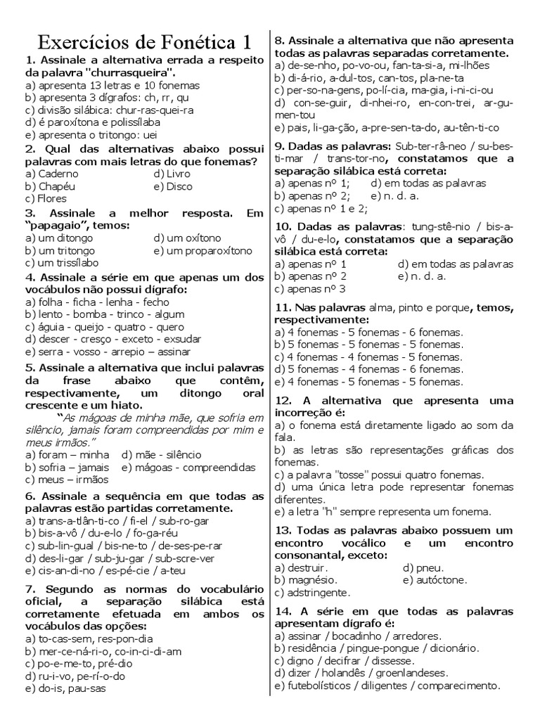 Exercícios de Fonética e Fonologia | PDF | Sílaba | Fonema