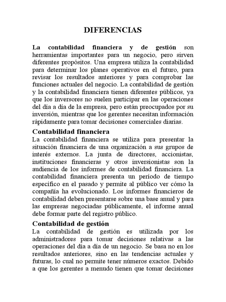 Diferencias entre Contabilidad Financiera y de Gestión | PDF ...