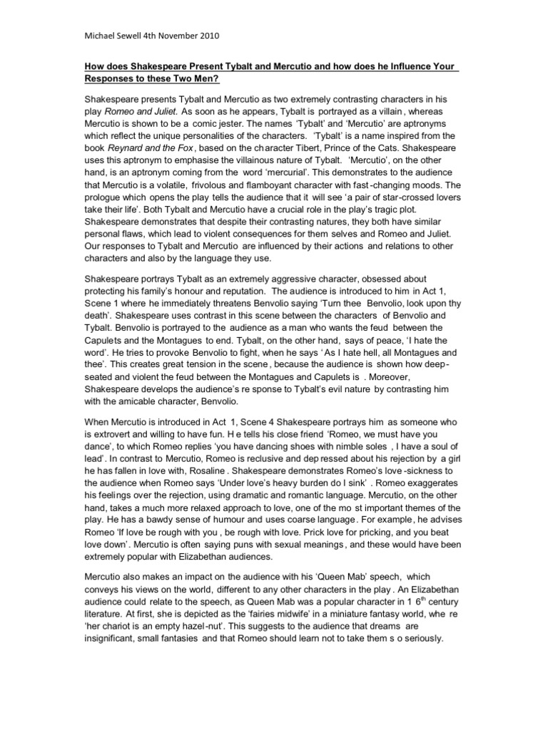 Mercutio's Perspective on Tybalt | PDF | Characters In Romeo And Juliet ...