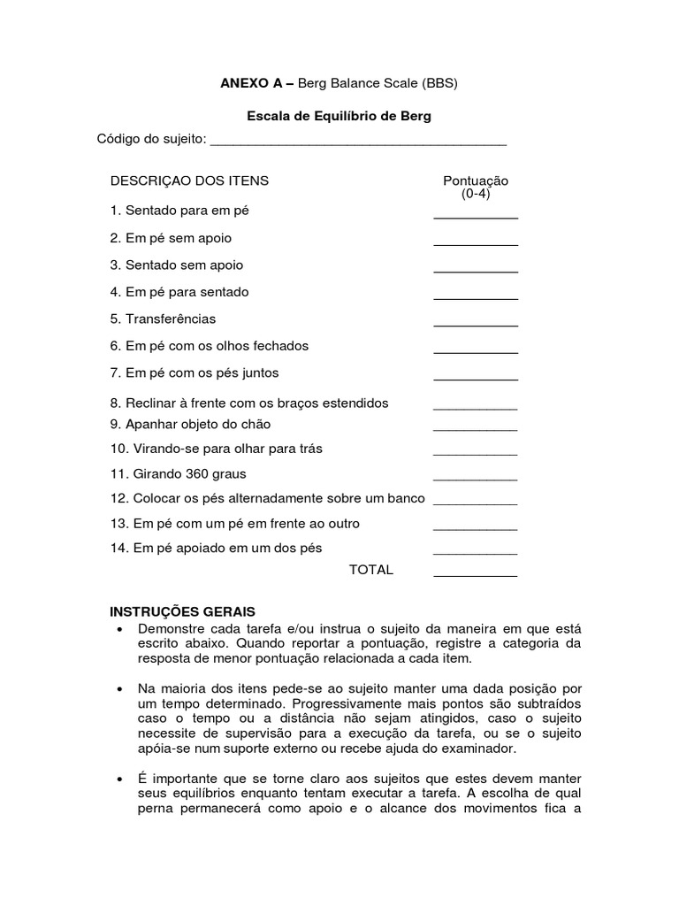 Escala de Equilíbrio de Berg (BBS) | PDF | Pé (unidade de medida) | Tempo
