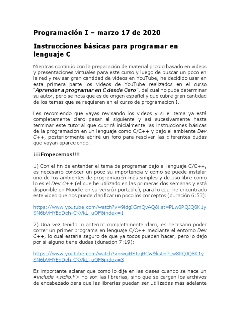Instrucciones Básicas de Programación en C | PDF | Lenguaje de ...
