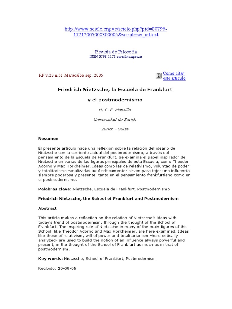 Friedrich Nietzsche, La Escuela de Frankfurt PDF Friedrich