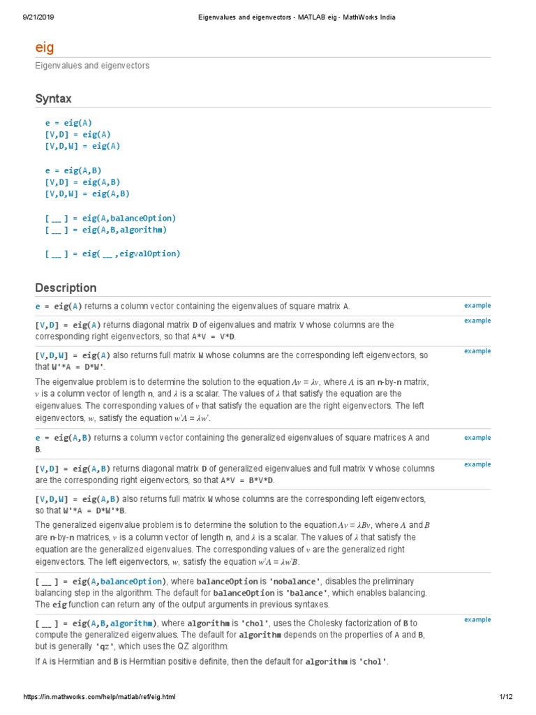 Eigenvalues and Eigenvectors - MATLAB Eig - MathWorks India | PDF ...
