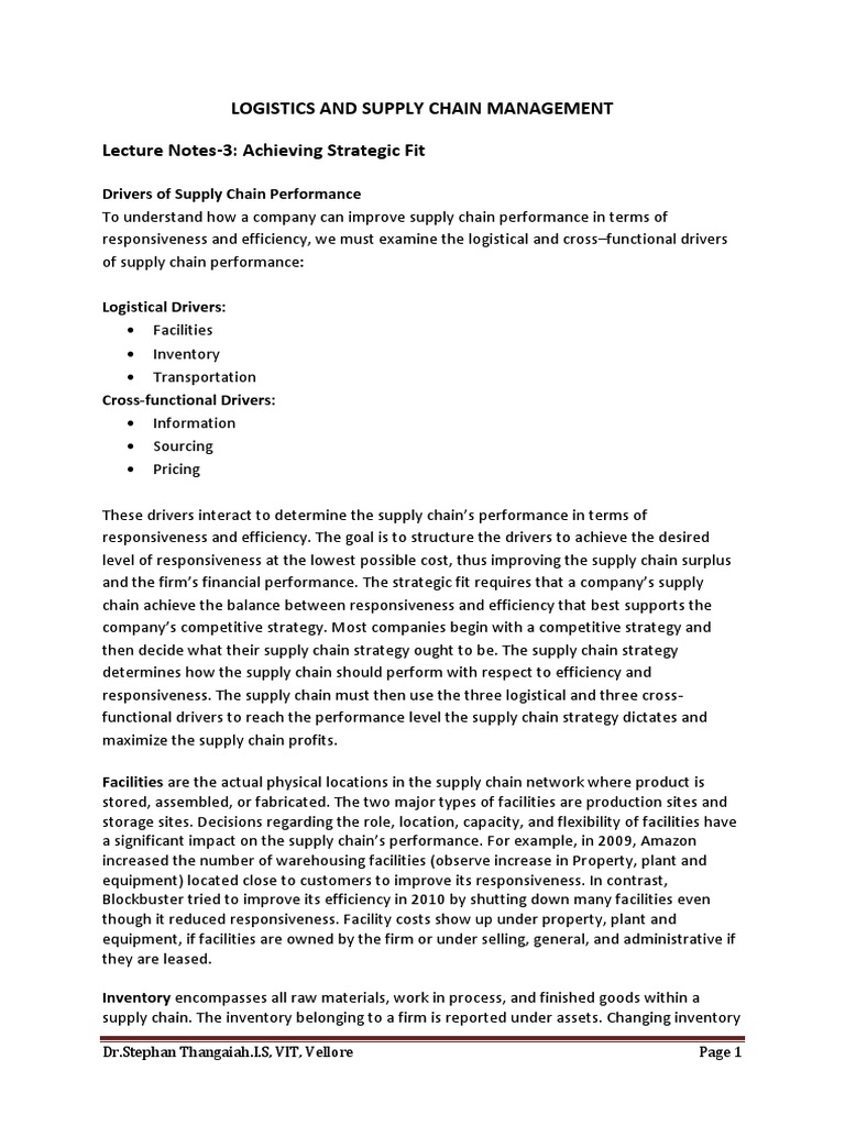 Logistics and Supply Chain Management Lecture Notes-3: Achieving ...