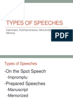 Types of Speeches: Impromptu, Extemporaneous, Manuscript, Memory