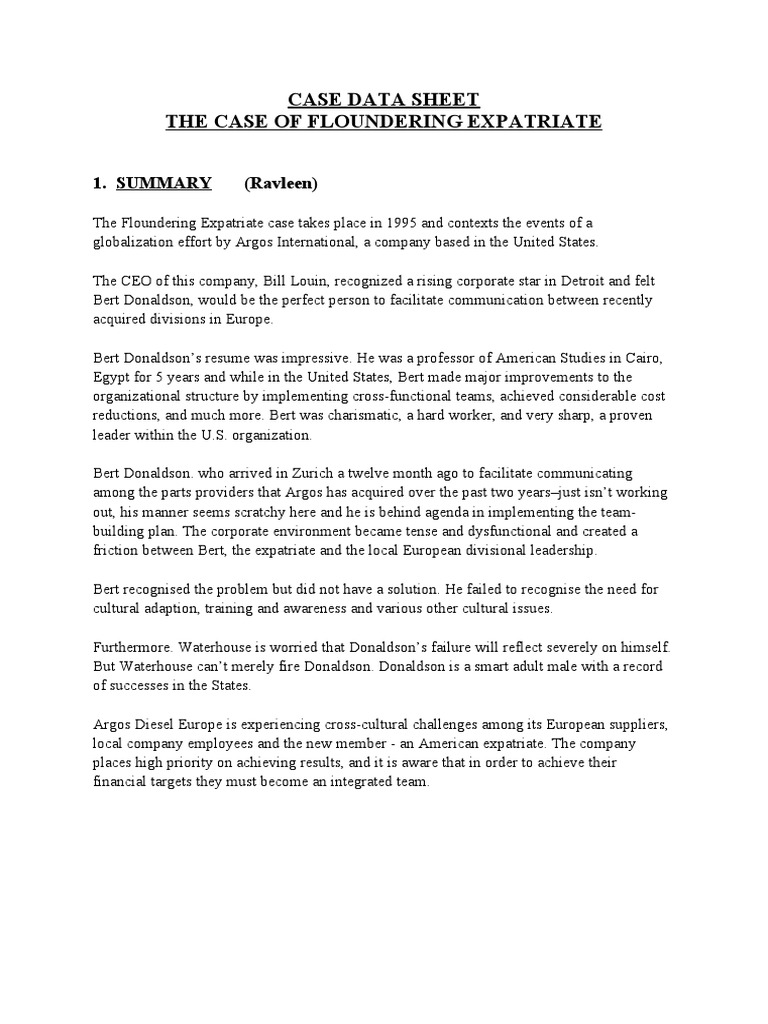 Case Data Sheet The Case of Floundering Expatriate 1. Summary (Ravleen