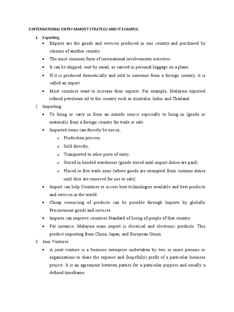 International Market Entry Strategies | PDF | Joint Venture | Exports