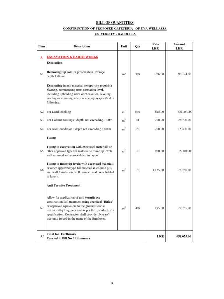 A Excavation & Earth Works: Bill of Quantities | Download Free PDF ...