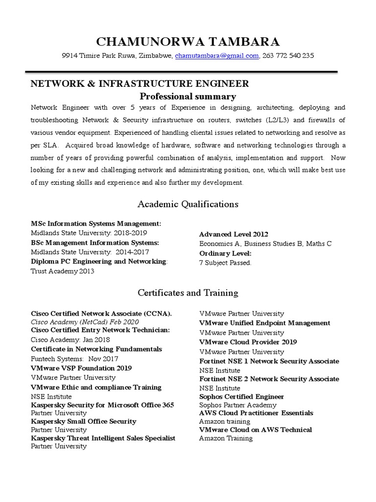 Network and Admin Chamu CV 2020 PDF | PDF | Cisco Certifications | Computer  Network