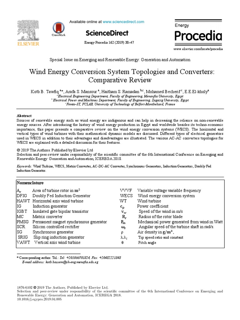 Wind Energy Conversion System Topologies and Converters: Comparative ...
