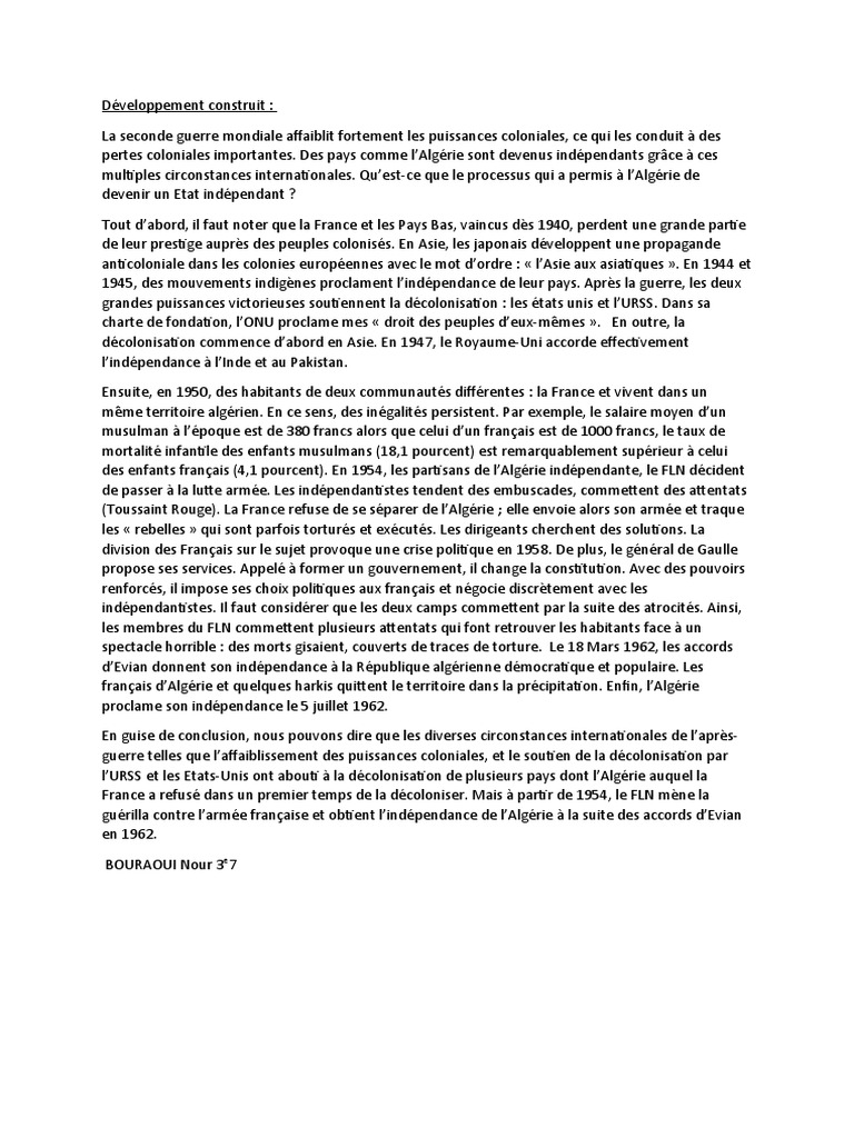 Developpement Construit Sur La Decolonisation De L algerie