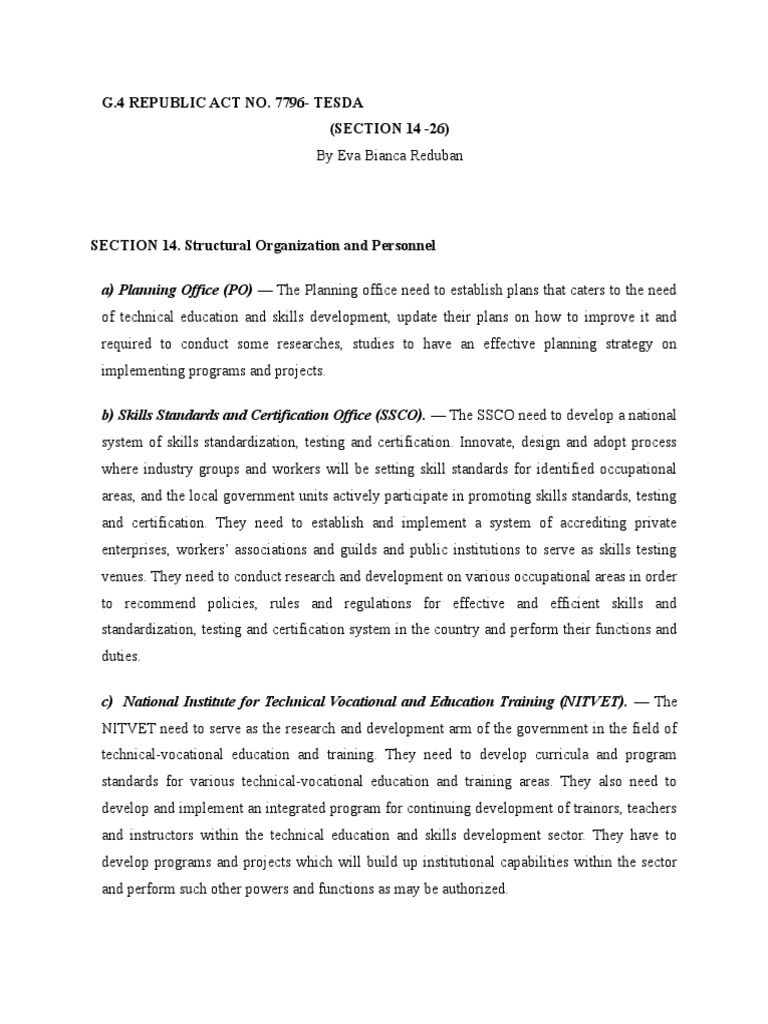 Overview of RA 7796: TESDA Structure | PDF | Vocational Education ...