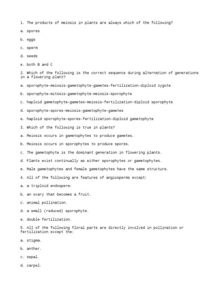 Angiosperm Multiple Choice Questions PDF Fertilisation Seed