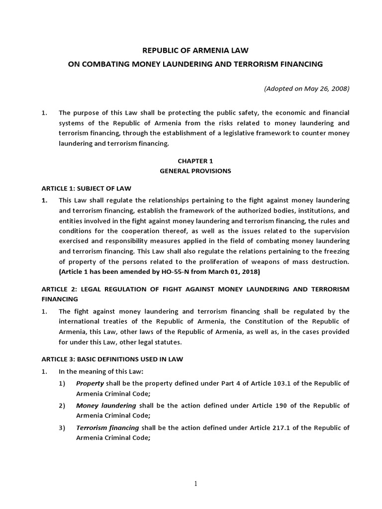 AML CFT Law Eng Armenia | PDF | Terrorism Financing | Money Laundering