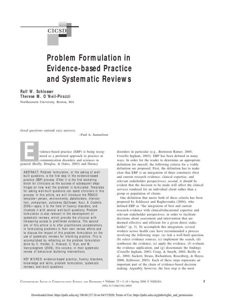 Problem Formulation in Evidence Based Practice and Systematic Reviews ...
