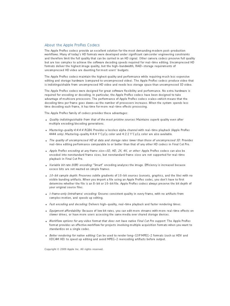 About The Apple Prores Codecs: B R B R | PDF | Codec | Data Compression