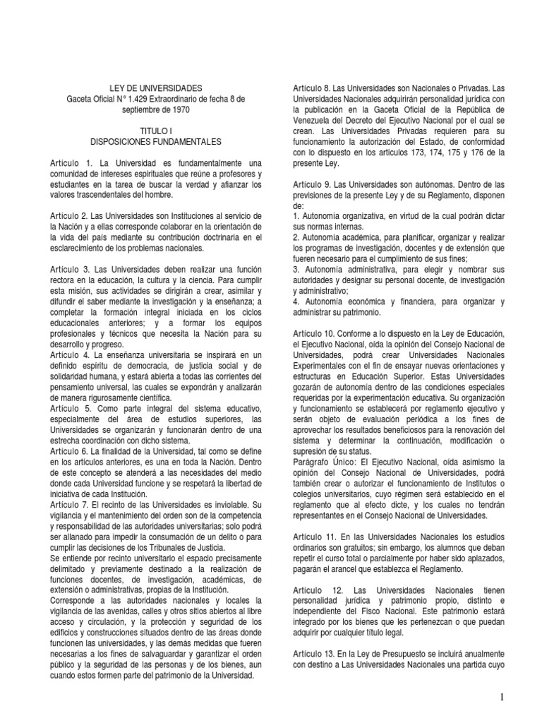 Ley de Universidades de 1970 Universidad Presupuesto