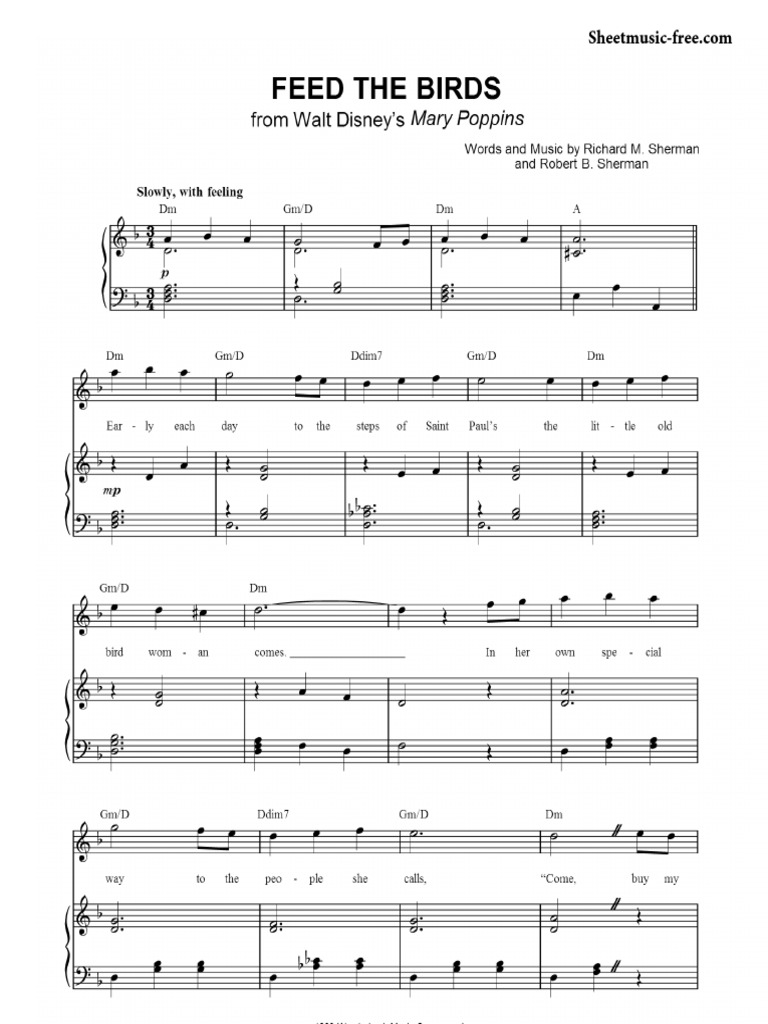 PDF sheet music titled Feed The Birds from Mary Poppins featuring the full arrangement for reading practice