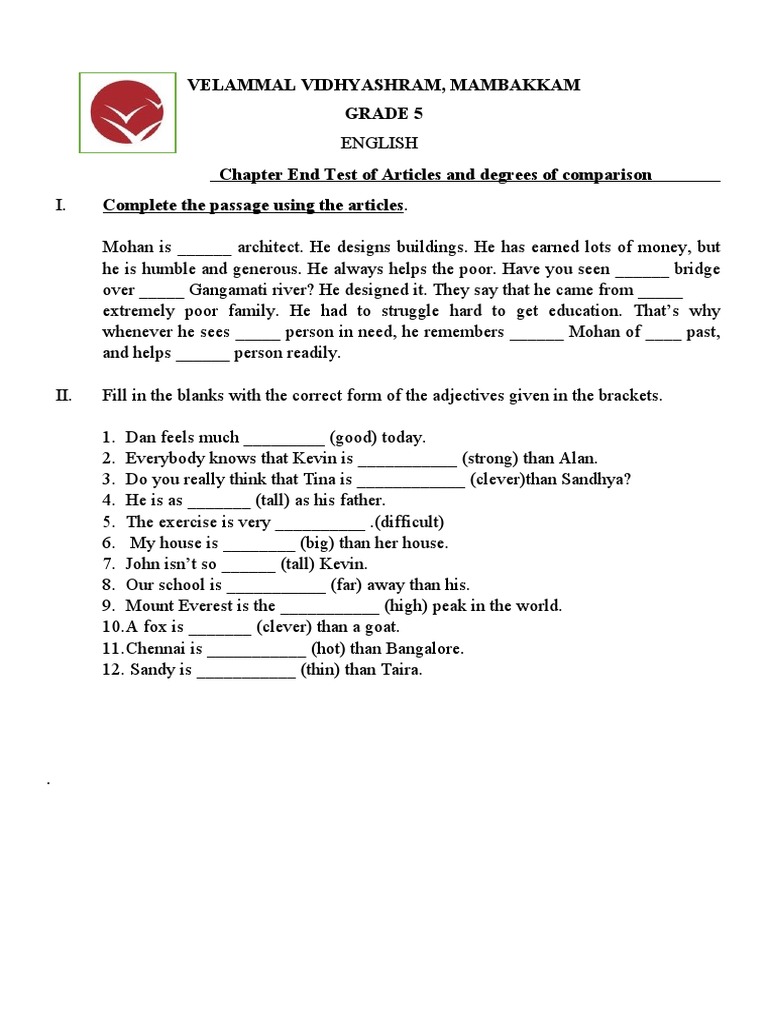 Revised Chapter End Test of Articles and Degrees of Comparison | PDF ...