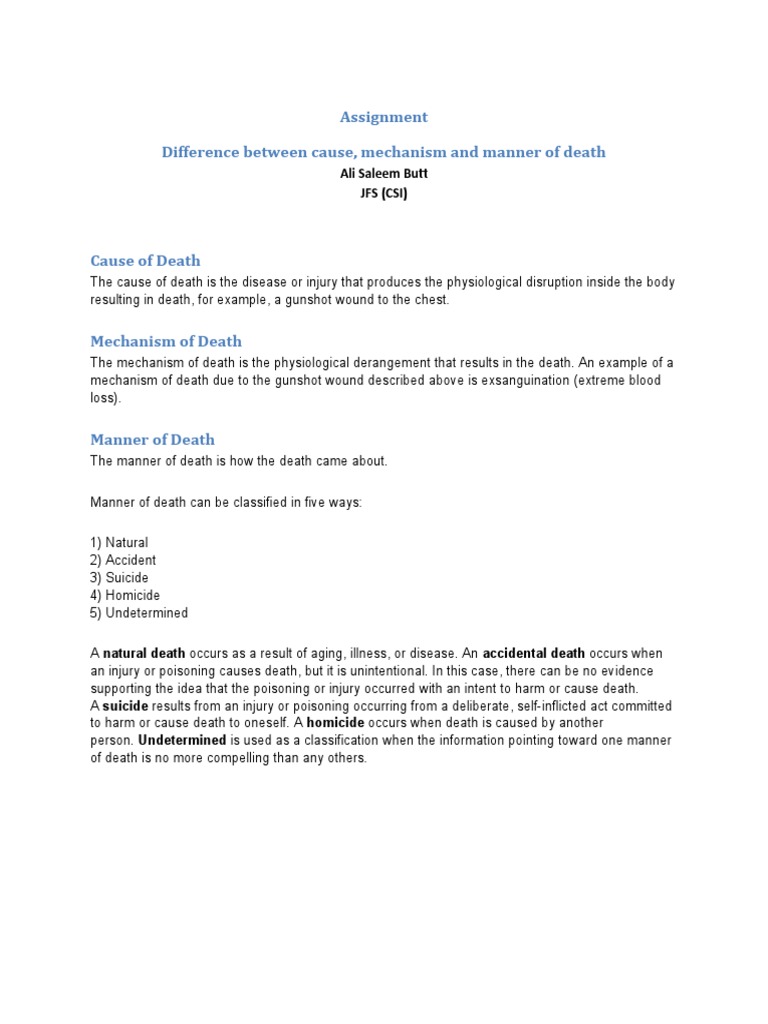 Assignment Difference Between Cause, Mechanism and Manner of Death | PDF