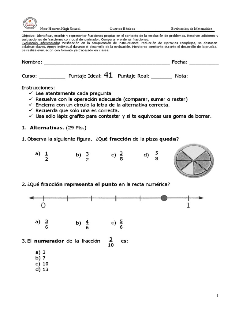 Evaluación de Fracciones para Primaria | PDF | Fracción (Matemáticas ...