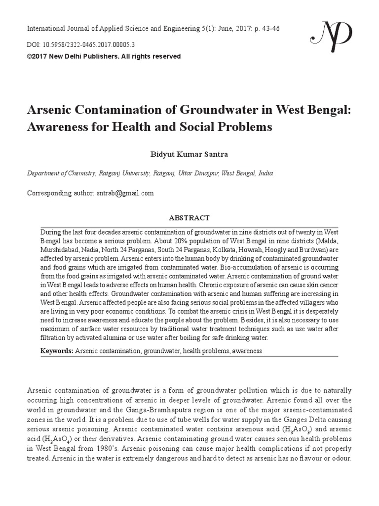 Arsenic Contamination of Groundwater in West Bengal: Awareness For ...