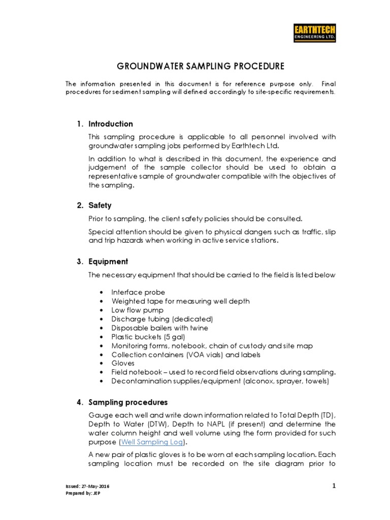 Groundwater Sampling Procedure | PDF | Water | Nature