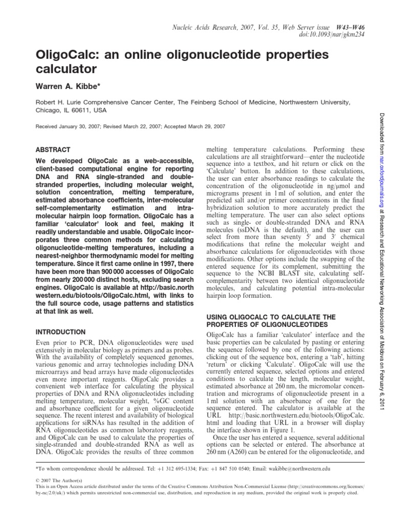 Oligocalc An Online Oligonucleotide Properties Calculator Warren A