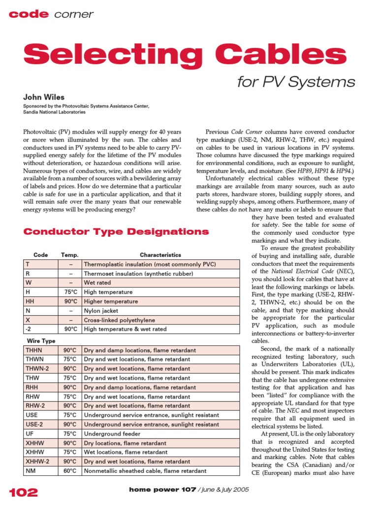 Selecting Cables For PV Systems HP107 PDF | PDF | Photovoltaics ...