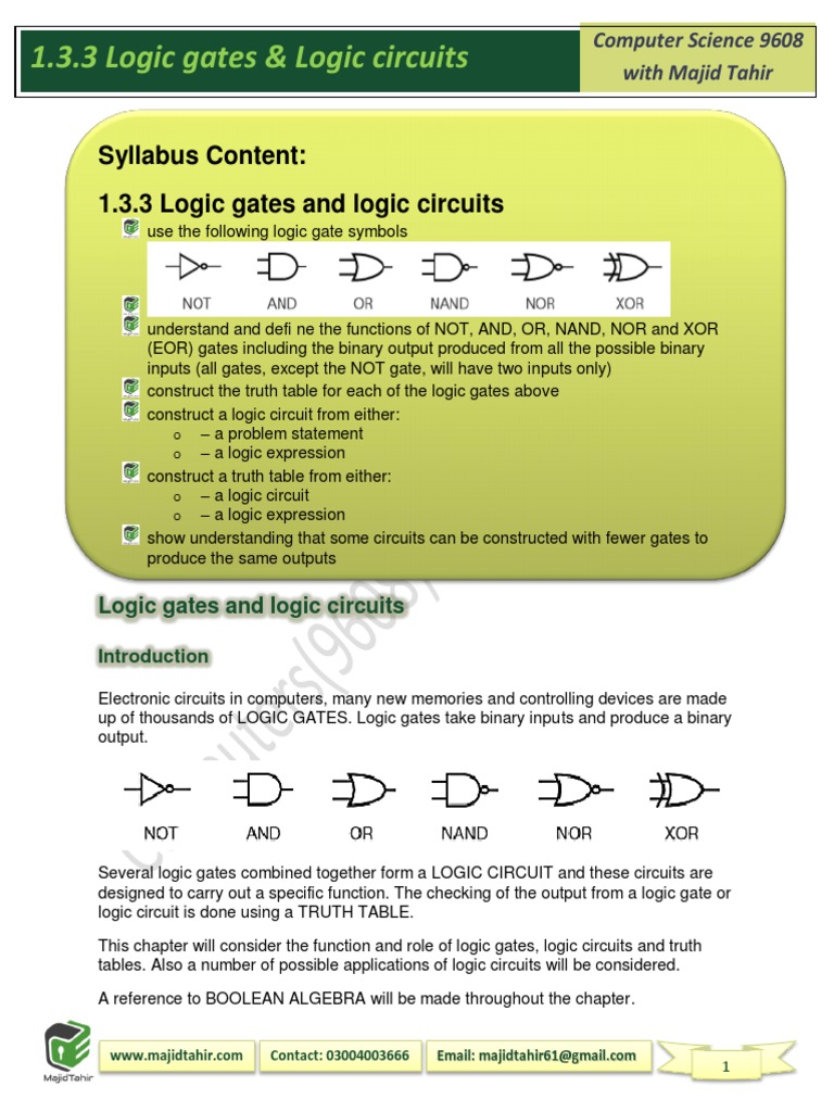 Syllabus Content: 1.3.3 Logic Gates and Logic Circuits | PDF | Logic ...