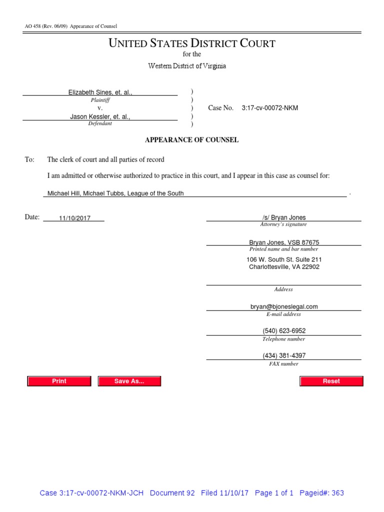 Appearance of Counsel ECF 92 PDF United States Law United